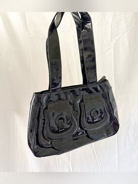 Black Patent Shoulder Bag with Front Flap Pockets